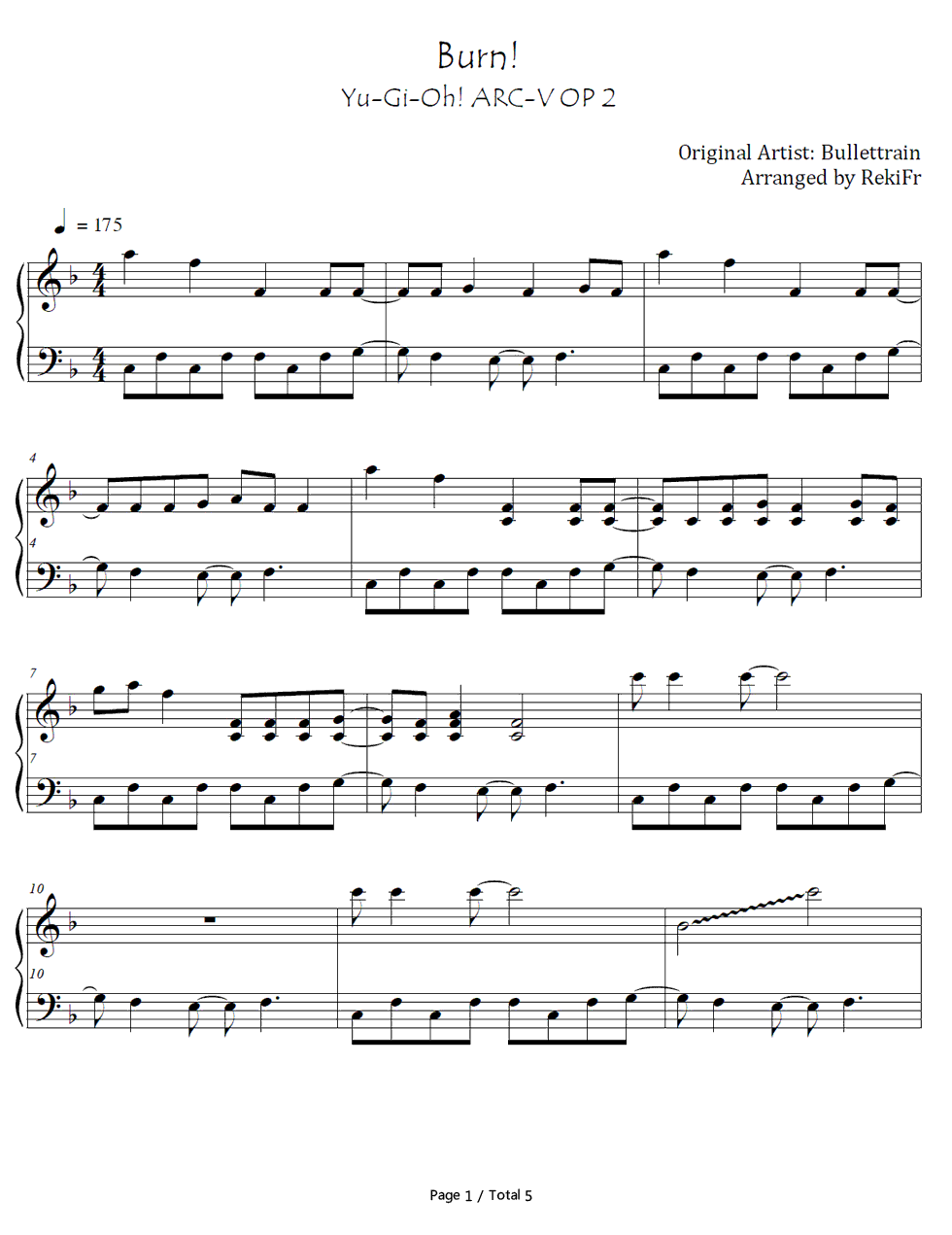 Burn 游戏王arc V Op2 钢琴谱文件 五线谱 双手简谱 数字谱 Midi Pdf 免费下载