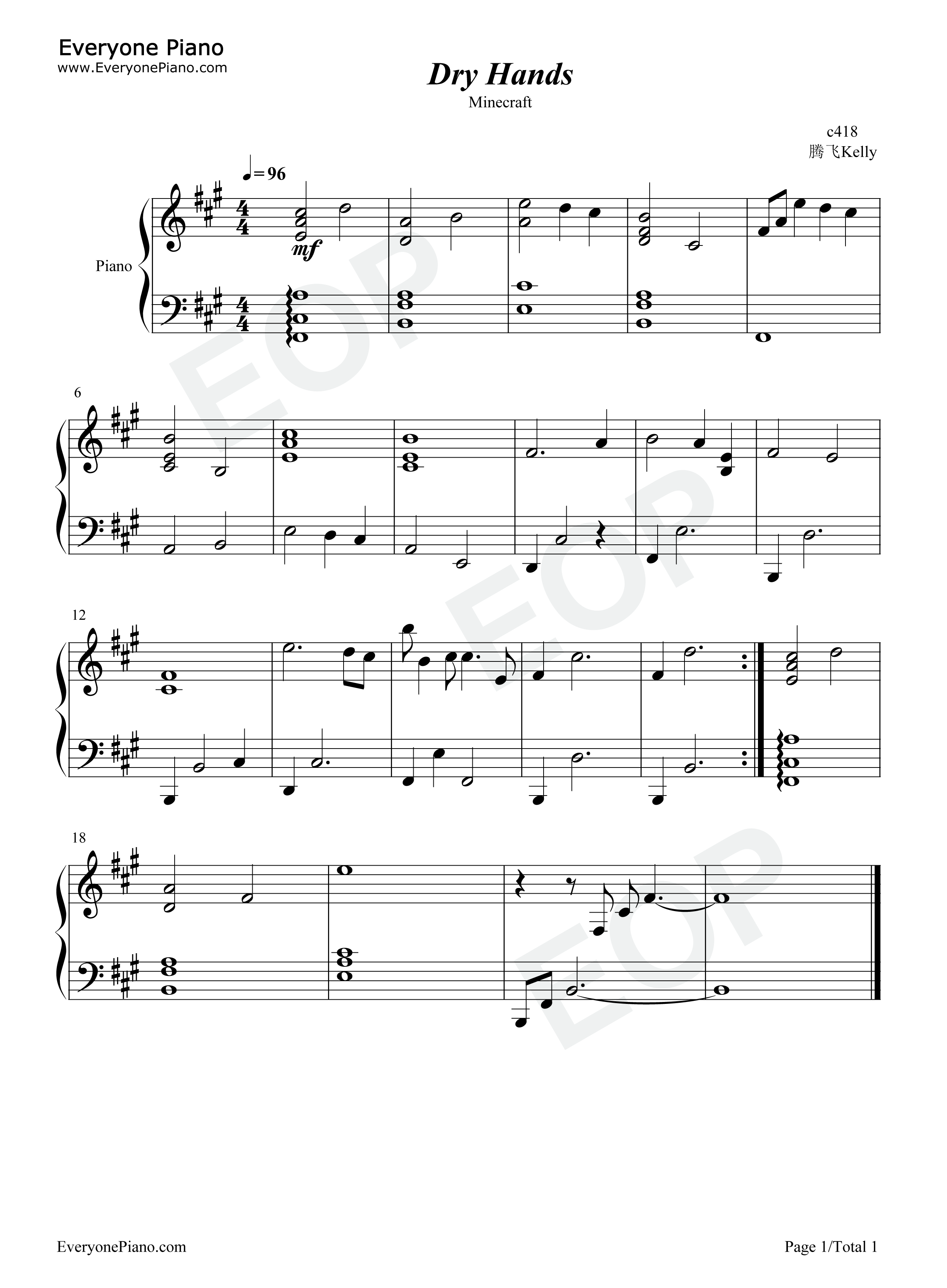 Dry Hands-Minecraft-我的世界-钢琴谱文件(五线谱、双手简谱、数字谱、Midi、PDF)免费下载
